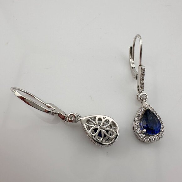 Blue and White Sapphire Tear Drop Earrings in Sterling Silver - Picture 10 of 12
